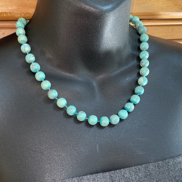 Silver Genuine Turquoise Beads Hand Knotted Vintage Beaded Necklace - Picture 5 of 10